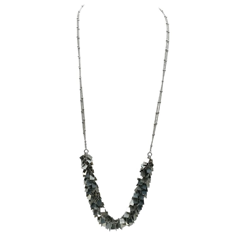 Silver Tone Chain Geometric Cha Cha Statement Necklace, Double Strand Sparkle